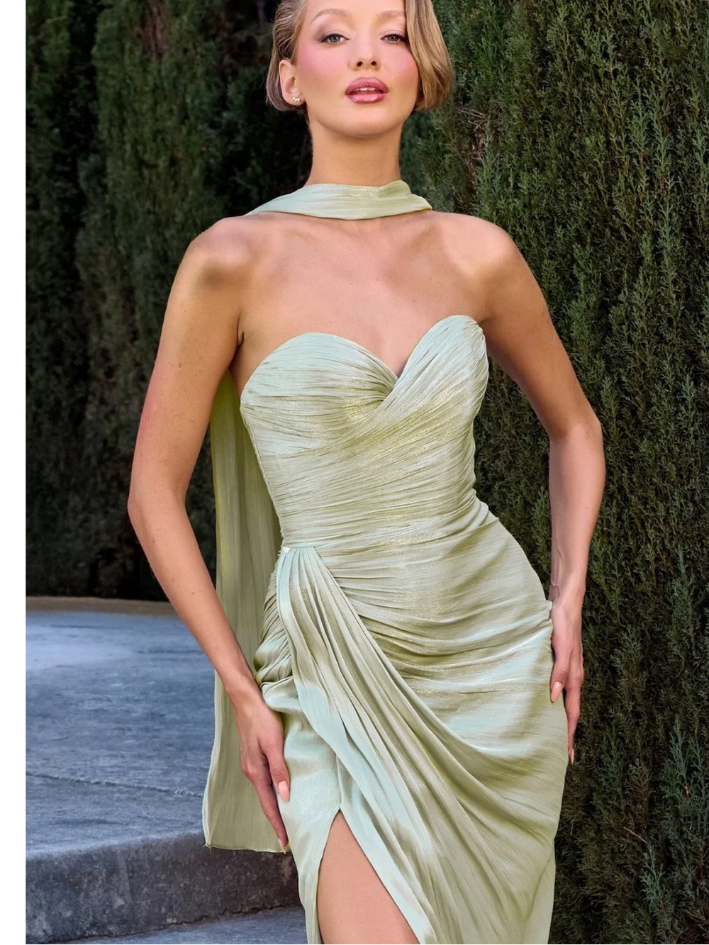 Strapless Sage Green Ruched Evening Gown with Drape